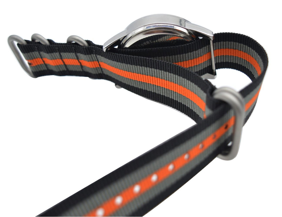 Watch Band with Colorful Nylon Material Strap and Heavy Duty Brushed Buckle (Black/Grey/Orange, 22mm)