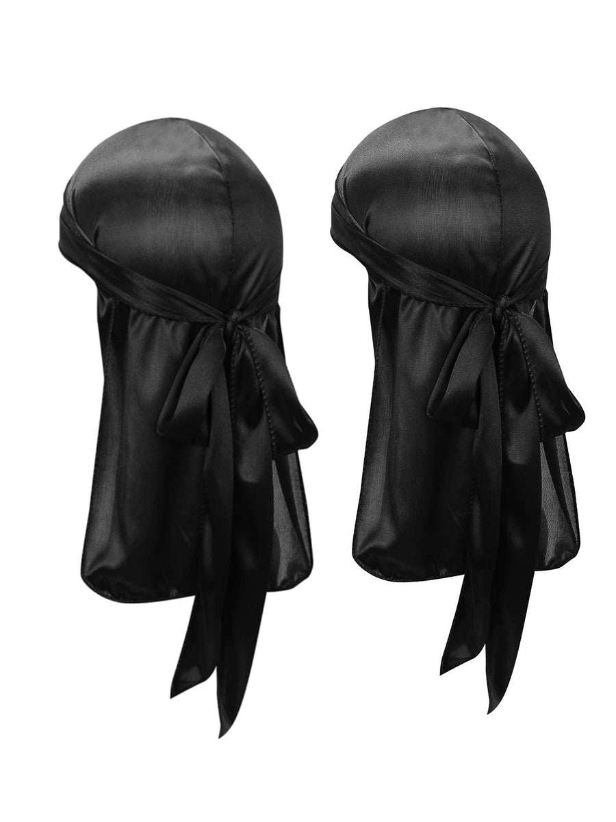 Satin Silk Head Wrap Durag Long Tail Beanies For Men Women Headwraps Cap 2pcs Black&Black