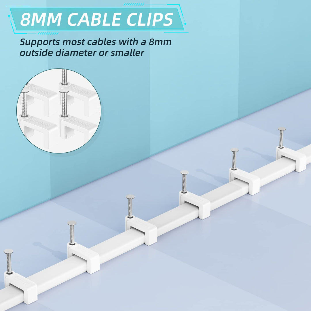 Cable Clips White - 100 Pieces Ethernet Cable Clips with Steel Nails 8mm Cord Holder for Cat8 Cat7 Cat6 Flat Ethernet Cable - 0.32 inch
