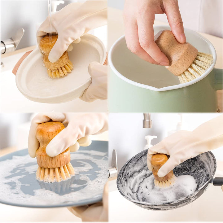 Natural Kitchen Cleaning Brush Set, 4 Pieces, Long Wood