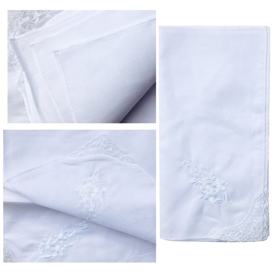 6 Pack of Ladies Embroidery Cotton Handkerchiefs Lace Border White Hankies
