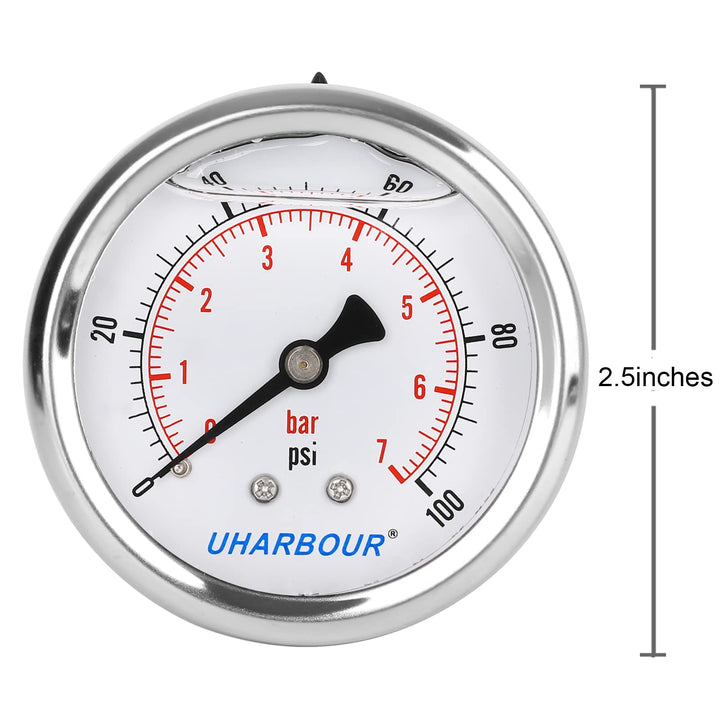 UHARBOUR Glycerin Filled Pressure Gauge 100psi/7bar, Stainless Steel case, Brass Inside Construction, 2-1/2 dial, 1/4NPT Back Connection.…