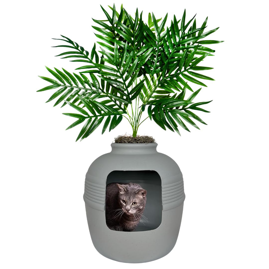 Hidden Cat Litter Box Enclosure with Artificial Plant, Decorative Round Planter, Vented Carbon Charcoal Filter for Odor Control, Easy-to-Clean, Made in USA, Base Kit, Gray