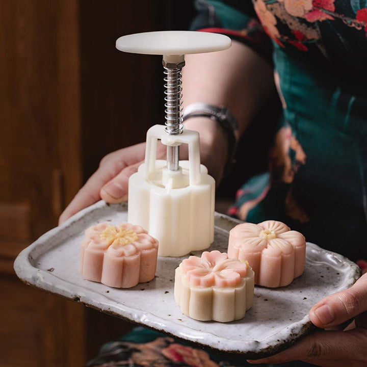 Moon Cake Mold Set 4pcs 50g Cookie Stamps, Cherry Blossom Floral Mid Autumn Festival DIY Hand Press Cookie Dessert Cutter Pastry Decoration Flower Impressions Tool Mooncake Maker (50g)