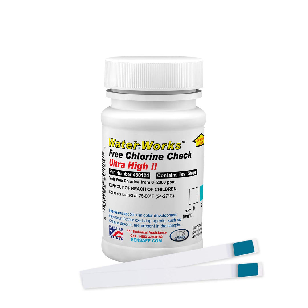 WaterWorks 480124 Free Chlorine Test Strip, Ultra High II Range, 61 Seconds Test Time, 0-2000ppm Range (Bottle of 50)