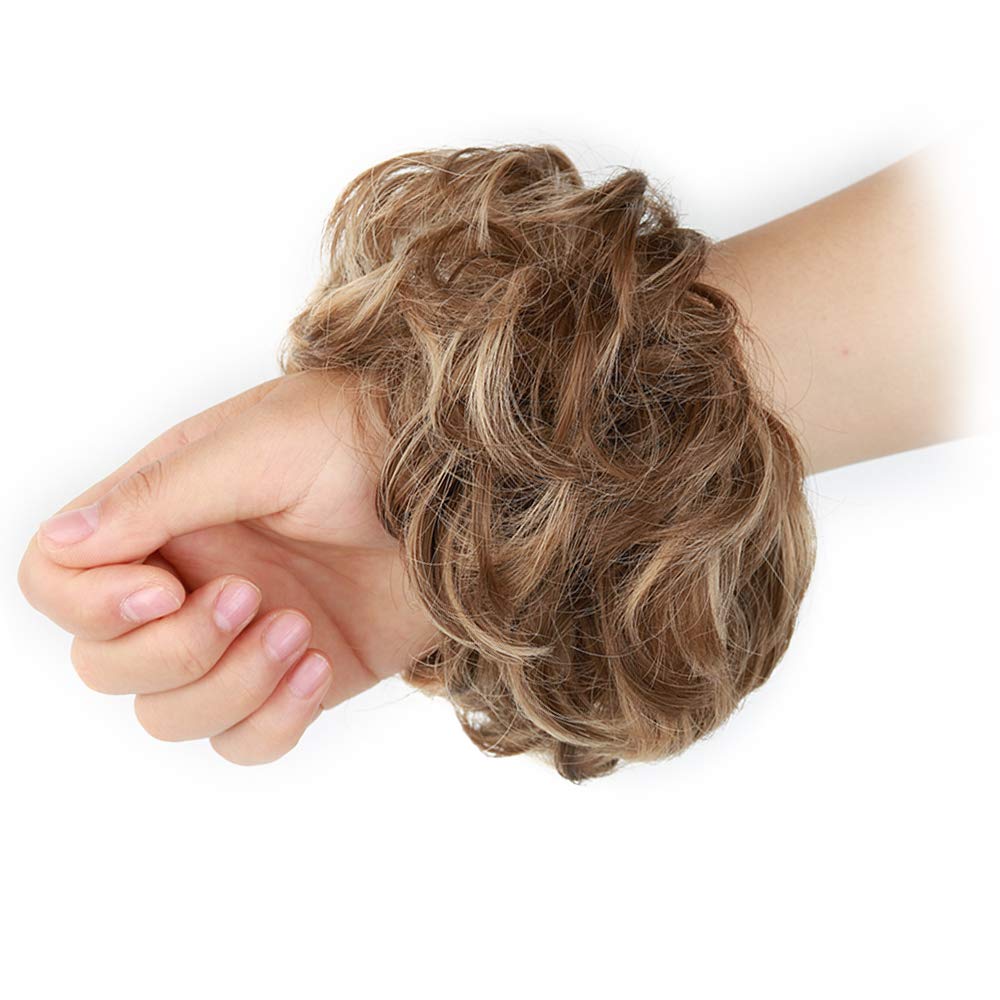 1PCS Messy Hair Bun Hair Scrunchies Extension Curly Wavy Messy Synthetic Chignon for Women (12H24#(Light Golden Brown &amp; Pale Golden Blonde))