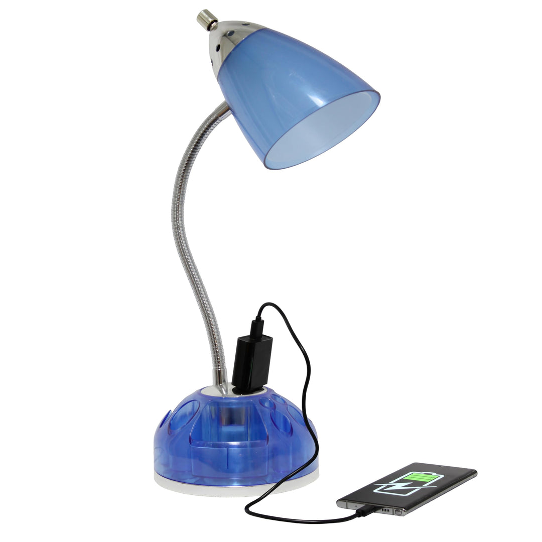 LD1015-CBL Flossy Organizer Desk Lamp with Charging Outlet and Lazy Susan Base, Clear Blue