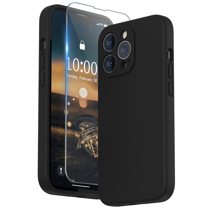 Compatible with iPhone 13 Pro Case with Screen Protector, (Camera Protection + Soft Microfiber Lining) Liquid Silicone Phone Case 6.1 inch 2021, Black