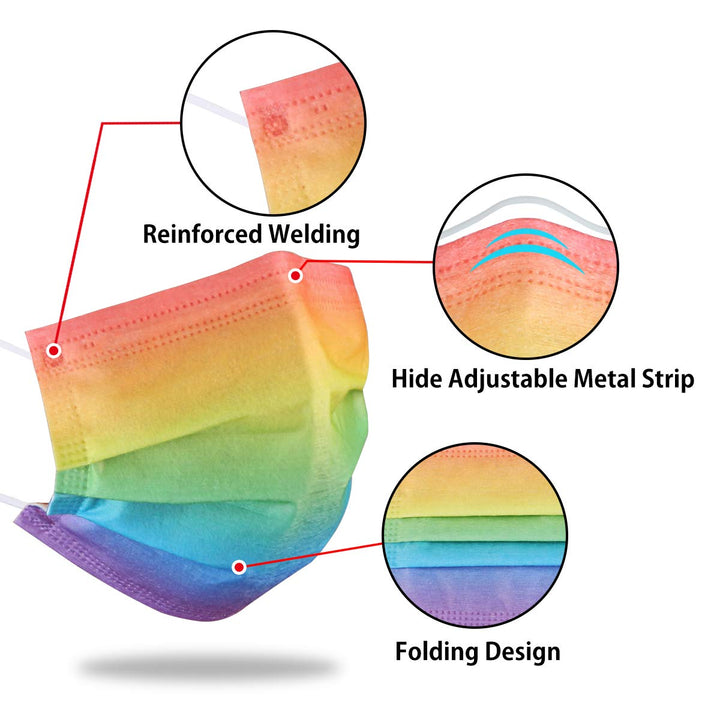DIOLV 50Pcs Rainbow Printed Disposable Face Masks for A