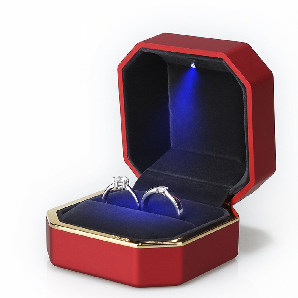 Luxury Ring Box, Square Velvet Wedding Ring Case Jewelry Gift Box with LED Light for Proposal Engagement Wedding, Red