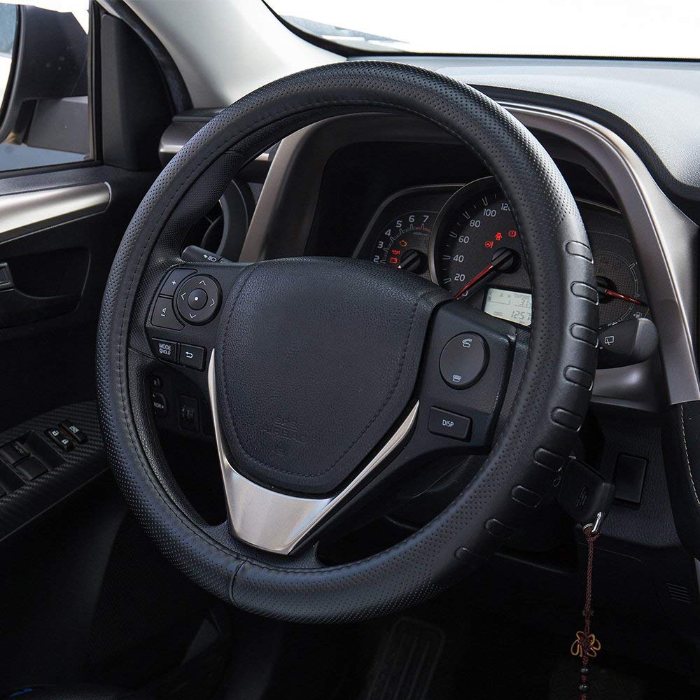 Fms Genuine Leather Car Steering Wheel Cover Universal 15.5 Inch Automotive Interior Accessories-Black, Durable, Breathable, Anti Slip, Odorless