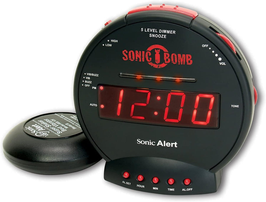 Sonic Bomb Dual Extra Loud Alarm Clock with Bed Shaker, Black | Vibrating, Heavy Sleepers, Battery Backup | Wake with a Shake