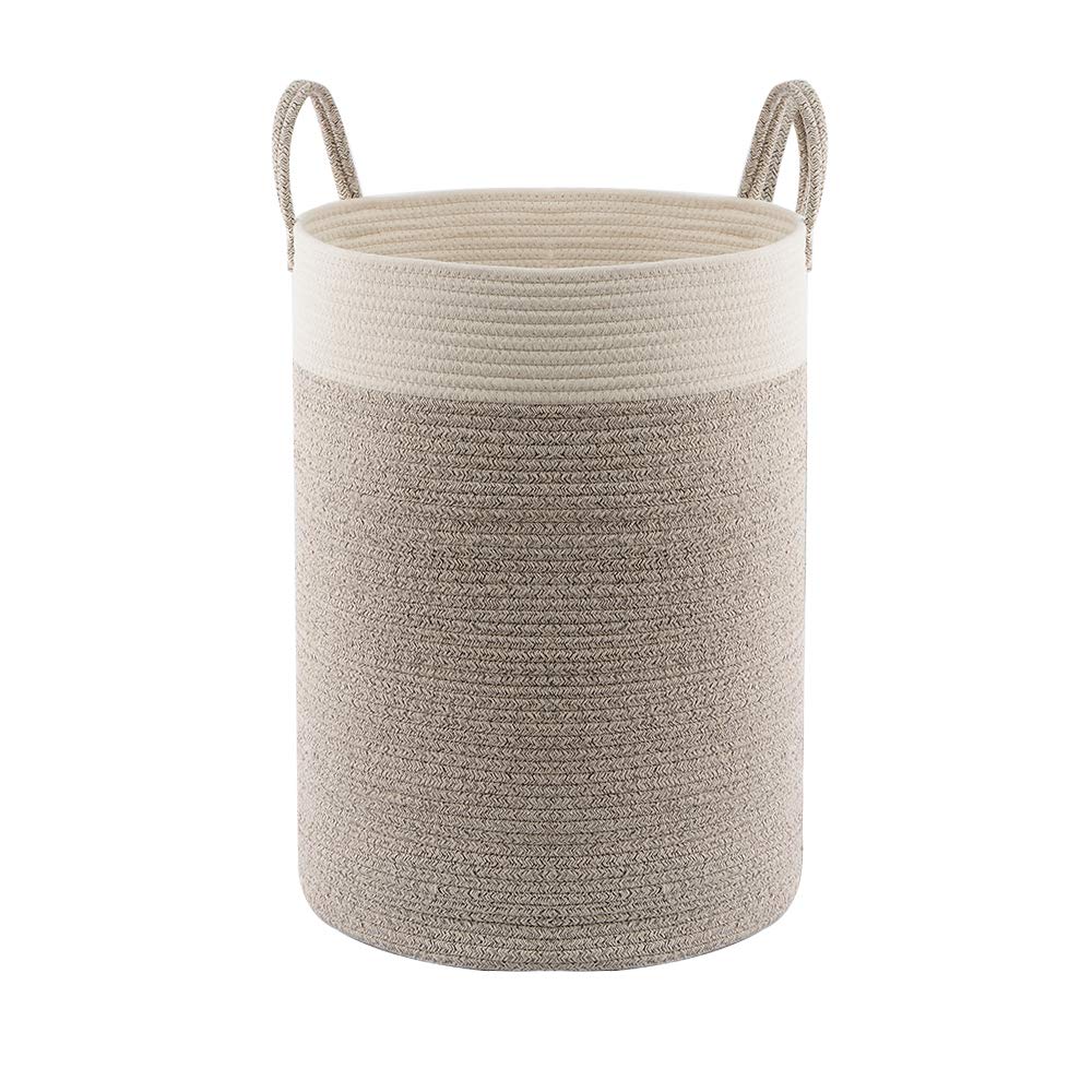 Large Tall Cotton Rope Basket, 15.7x15.7x21.7in Laundry Basket with Handle, Nursery Organizers and Storage for Blanket Towel Clothes Organizing (White&amp;Brown)