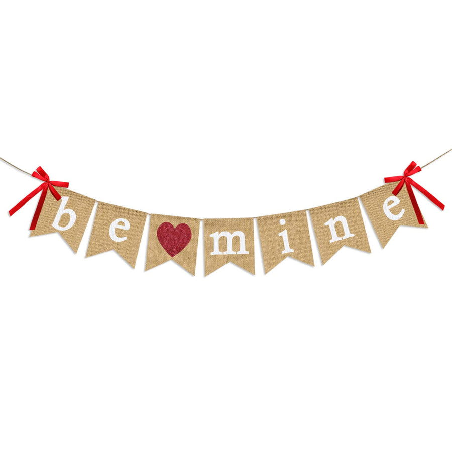 Be Mine Burlap Banner | Valentine's Day Decorations | Valentines Banner with Glitter Heart Sign | Be Mine Bunting Banner | Valentines Day Indoor Outdoor Home Office Hanging Decor