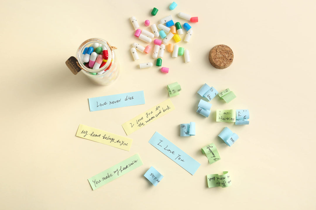 101PCS Cute Capsule Message Love Letters Plastic Capsule Love Letters in Wish Bottle,Lover Gift for Anniversary,Valentines,and Long Distance Relationships-Mixed Color