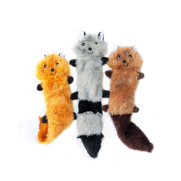 Skinny Peltz - Fox, Raccoon, &amp; Squirrel - No Stuffing Squeaky Dog Toys, Unstuffed Chew Toy for Small &amp; Medium Breeds, Bulk Multi-Pack of 3 Soft Plush Toys, Flat No Stuffing Puppy Toys - 11