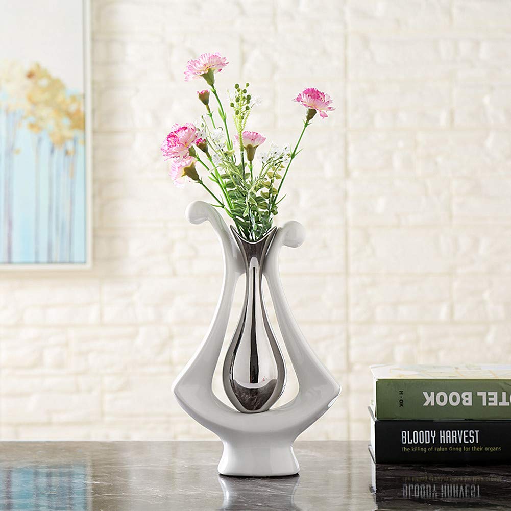 Ceramic Vase Statue Silver Vase White Vase Home Decoration Pottery Decorative Sculpture Dried Flower vase (Silver White vase-99693)