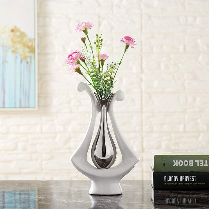 Ceramic Vase Statue Silver Vase White Vase Home Decoration Pottery Decorative Sculpture Dried Flower vase (Silver White vase-99693)