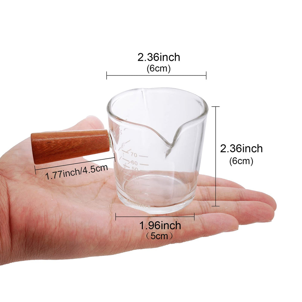 Double Spouts Measuring Cup with Wooden Handle Heat-Resistant Espresso Shot Glasses 3.5oz Mini Sauce Pitcher for Milk Coffee Tea Wine Cocktail
