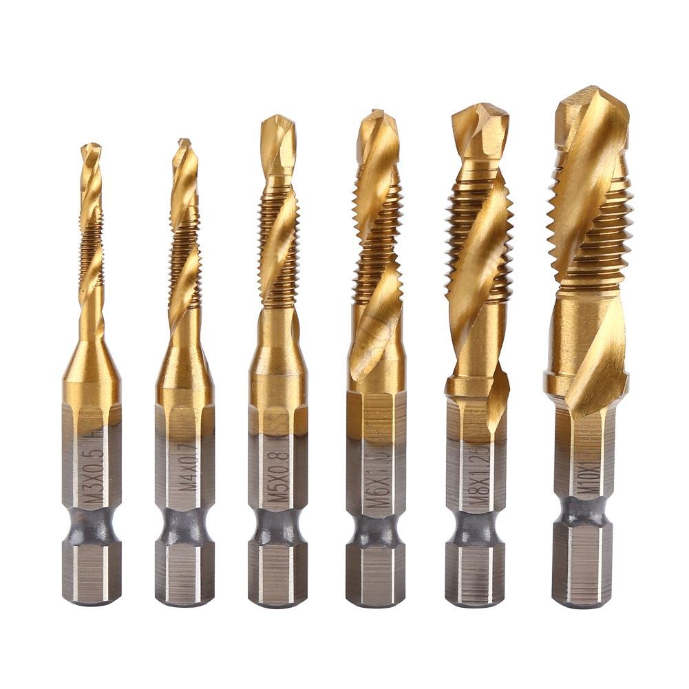 Drill Tap Kit, 6pcs Combination Drill and Tap Bit Set, Metric Thread M3-M10 Screw Tapping Tool 1/4 Hex Shank, Spiral Flutes Design