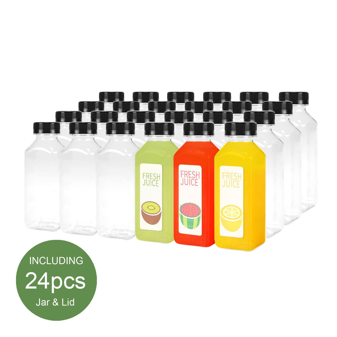 Unalilia Empty 12oz Clear Juice Bottles With Caps For Juicing - Bulk Refillable Drink Container for Juicing, Smoothie, Milk, Soda with Black Tamper Proof Caps and Funnel (24 Pack)