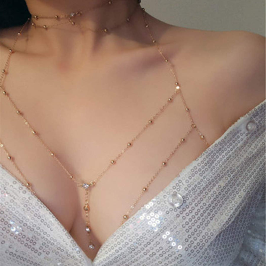Boho Bra Chains Crystal Body Chain Party Bra Jewelry for Women and Girls(Gold)