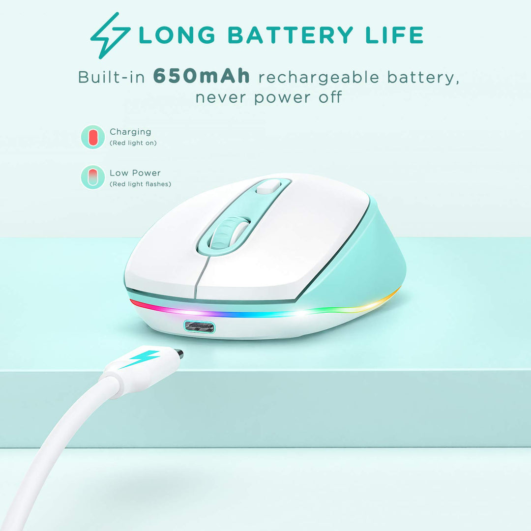 Wireless Mouse, Rechargeable Light Up Mouse for Laptop, Small Cordless Mice with Quiet Click LED Rainbow Lights for PC Computer Kids Chromebook Windows Mac,Mint Green