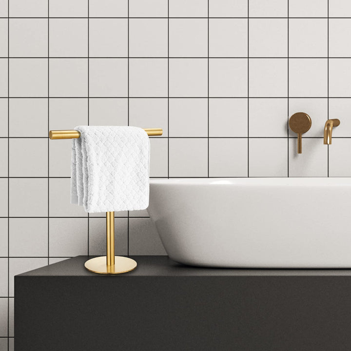 1 Pack Golden T-Shape Towel Bar Rack Stand Bath Hand Towel Holder Standing SUS 304 Stainless Steel Matte Tower Bar for Bathroom Kitchen Vanity Countertop