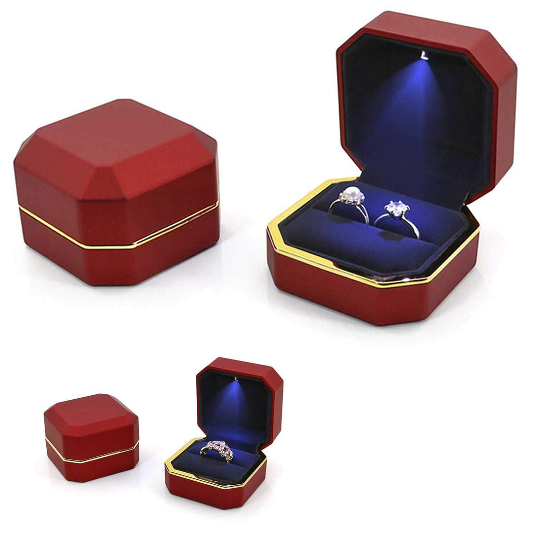 Luxury Ring Box, Square Velvet Wedding Ring Case Jewelry Gift Box with LED Light for Proposal Engagement Wedding, Red