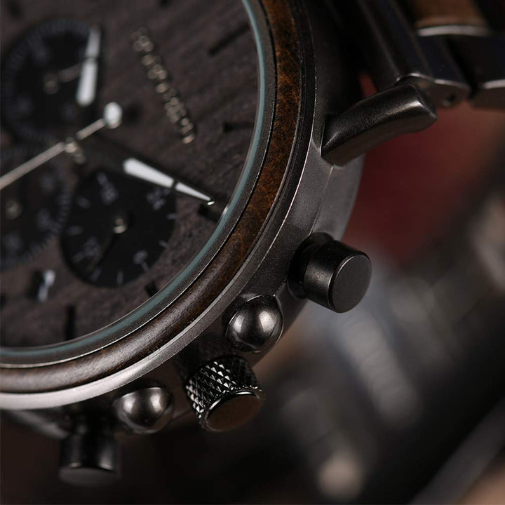 Mens Wooden Watches Business Casual Wristwatches Stylish Ebony Wood &amp; Stainless Steel Combined Chronograph with Wooden Box (Grey)