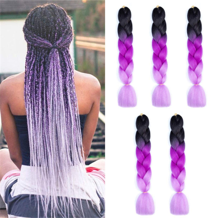 Jumbo Braiding Hair 5PCS/Lot Ombre Kanekalon Pre Stretched Braiding Hair Extensions High Temperature Synthetic Burgundy Blonde Kids Hair 24 Inch Hair for Braiding (black-purple-light purple)