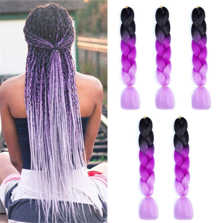 Jumbo Braiding Hair 5PCS/Lot Ombre Kanekalon Pre Stretched Braiding Hair Extensions High Temperature Synthetic Burgundy Blonde Kids Hair 24 Inch Hair for Braiding (black-purple-light purple)