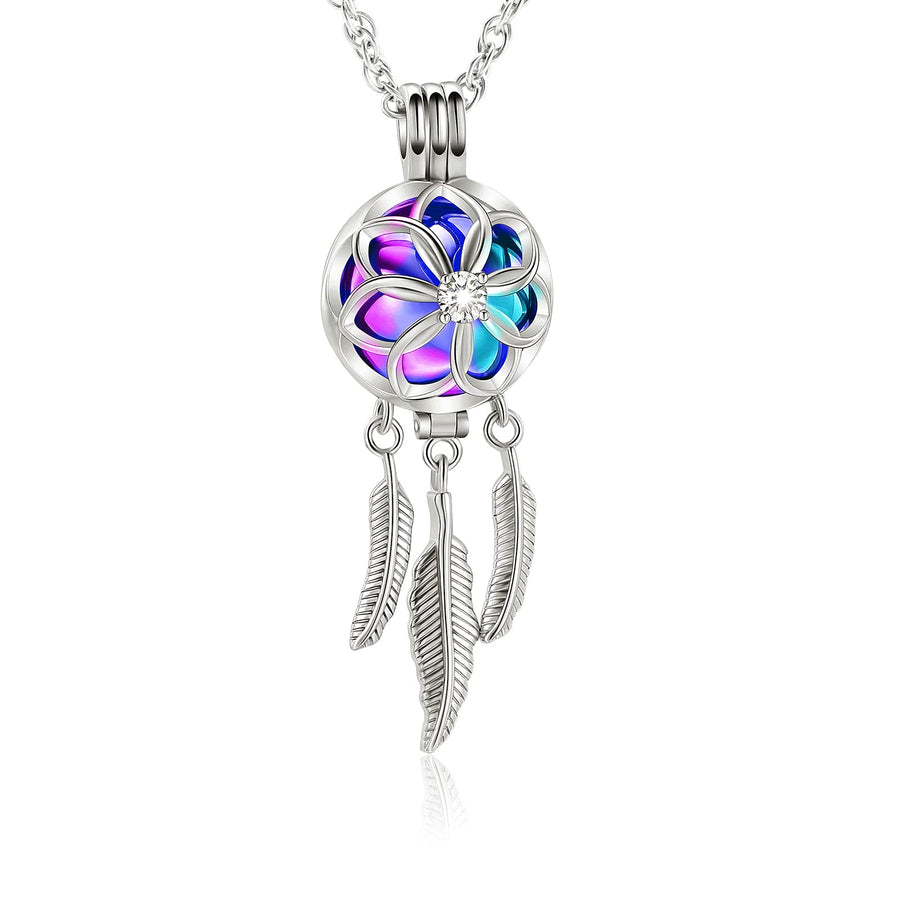 Dream Catcher Urn Necklace for Ashes for Women Men Cremation Jewelry Flower Feather Keepsake Memorial Hollow Pendant,Rainbow