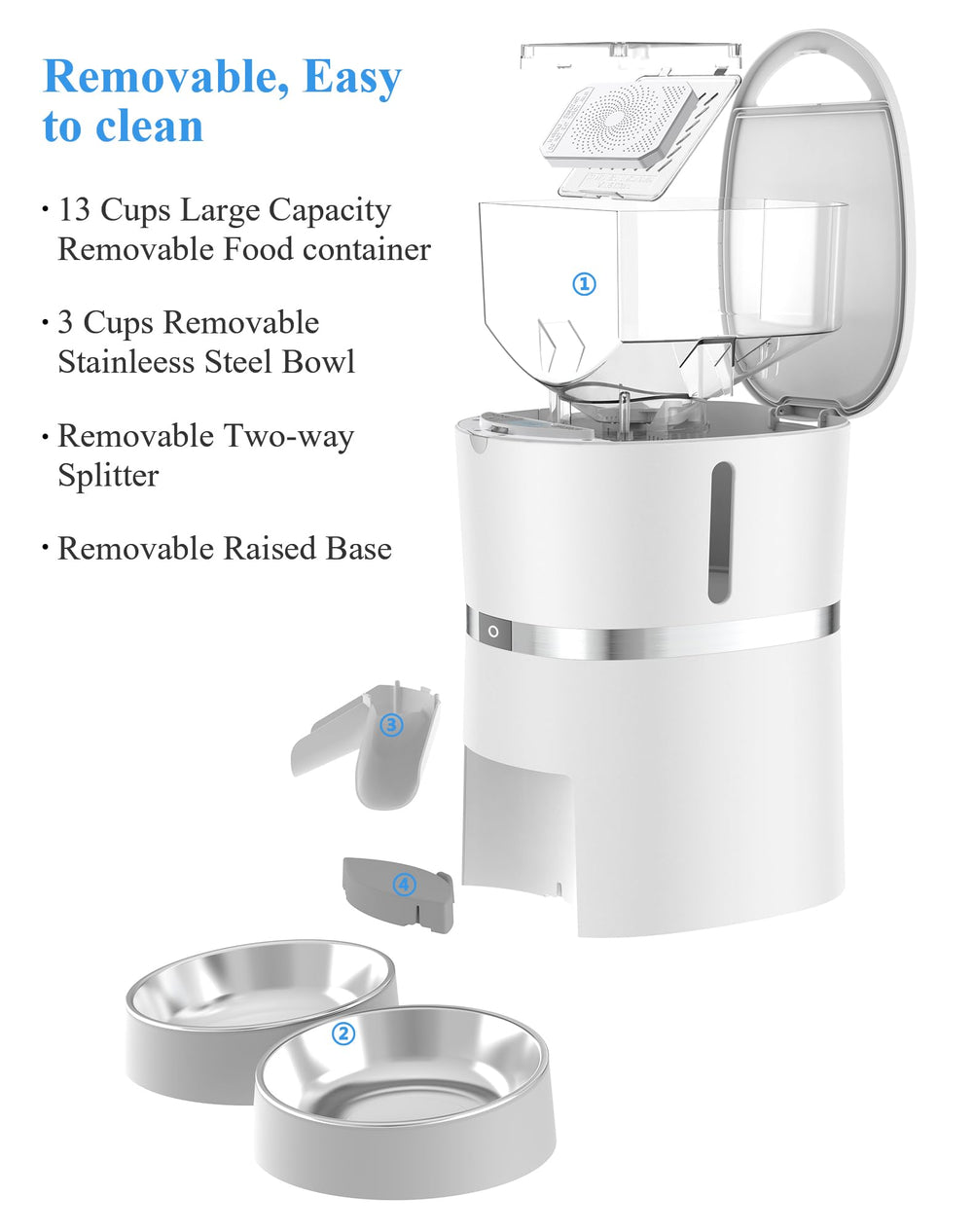 Automatic Cat Feeder, Pet Feeder Food Dispenser for Cat & Small Dog with Two-Way Splitter and Double Bowls, up to 6 Meals with Portion Control, Voice Recorder - Battery and Plug-in Power