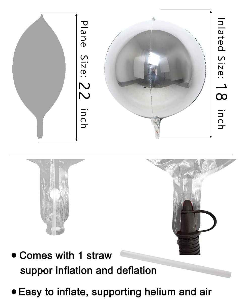 Silver Party Balloon Decorations - Pack of 6, Jumbo 22 Inch 4D Metallic Silver Balloons, Large Foil Sphere Balloons, Big Round Mylar Balloons