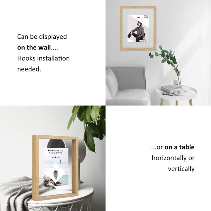 8x10 Floating Frame Set of 2,Double Glass Rustic Photo Frame for Wall Hanging or Tabletop Standing,Display Any Size Photo up to 8x10,Natural