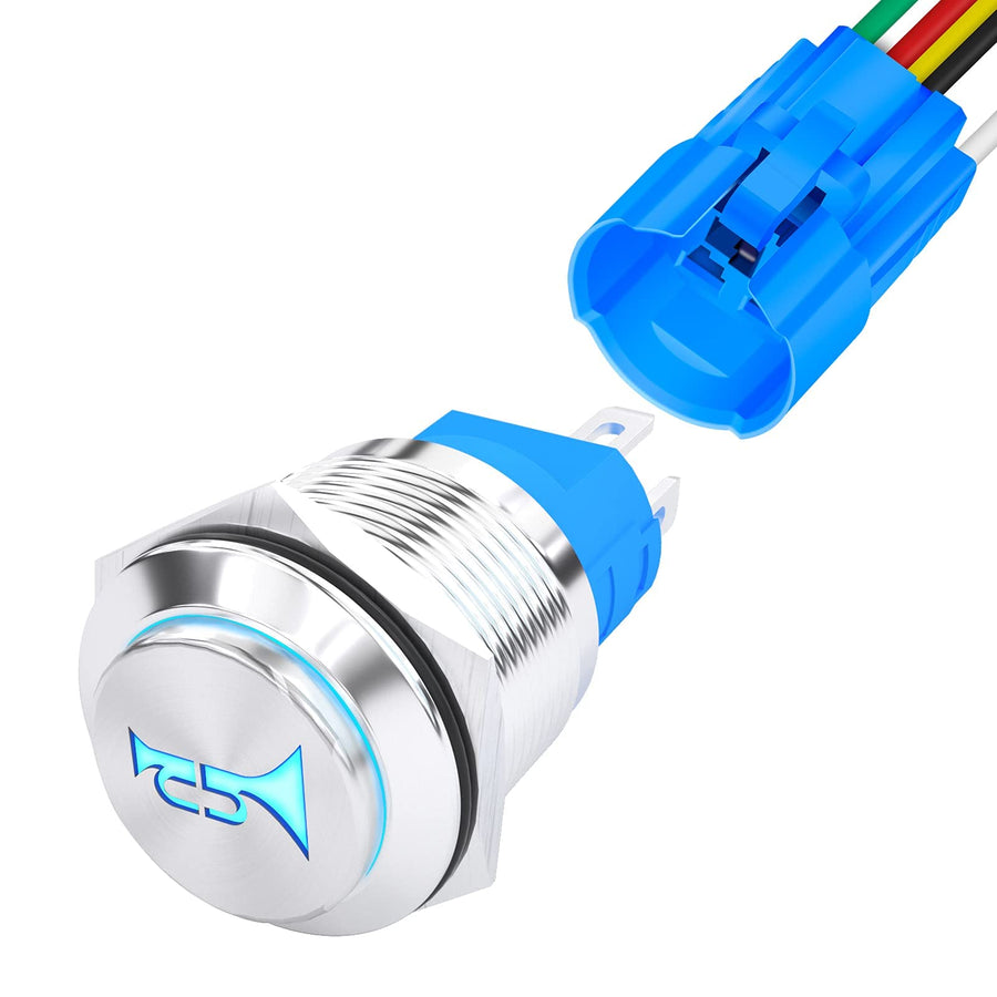 DaierTek Horn Button Switch 12 Volt Momentary Push Button Switch 12V Speaker LED Stainless Steel 16mm Metal Horn Switch for Automotive Car Marine Boat Train
