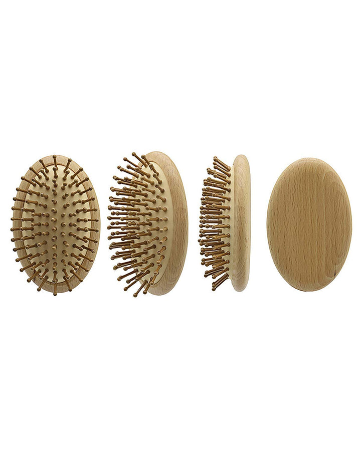 Pig Bristle Round Brush - Anti-Static Wood Pins, Compact Travel-Friendly Design for All Hair Types