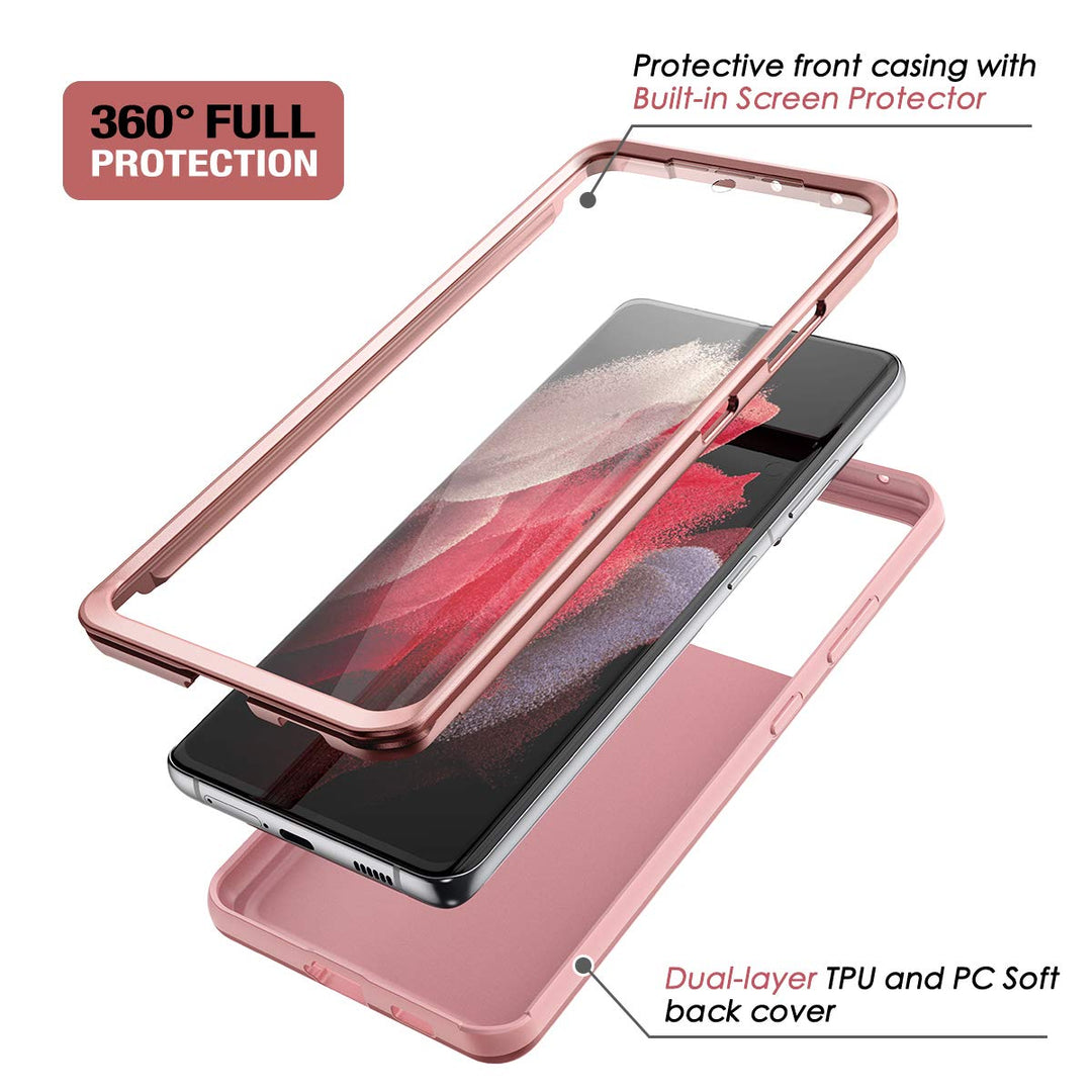 for Samsung Galaxy S21 Ultra Case, [Built-in Screen Protector] Full Body Protection Shockproof Rugged Bumper Slim Soft Silicone Protective Cover for Galaxy S21 Ultra 6.8 Inch (Rose Gold)