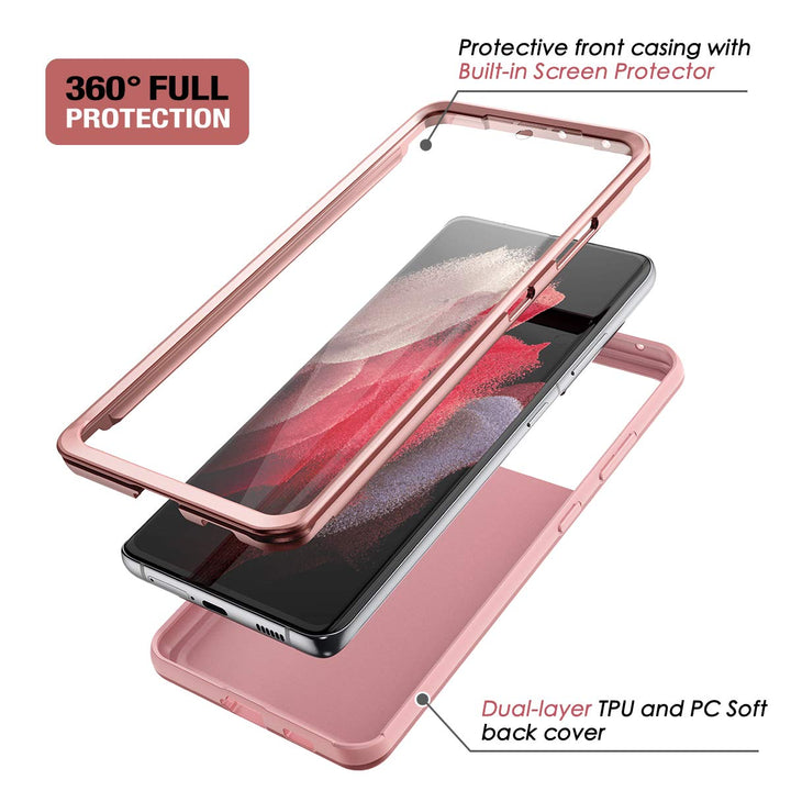 for Samsung Galaxy S21 Ultra Case, [Built-in Screen Protector] Full Body Protection Shockproof Rugged Bumper Slim Soft Silicone Protective Cover for Galaxy S21 Ultra 6.8 Inch (Rose Gold)