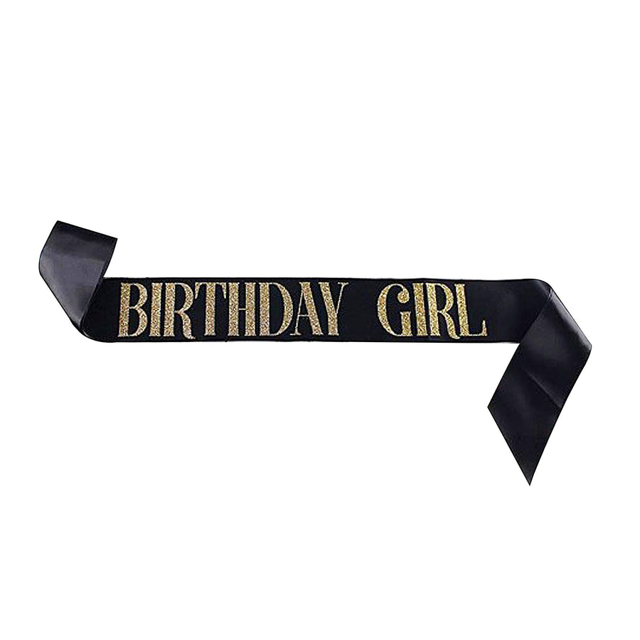 Birthday Sash for Girls Black Satin Birthday Girl Sash with Gold Glitter Lettering Party Favors, Supplies and Decorations