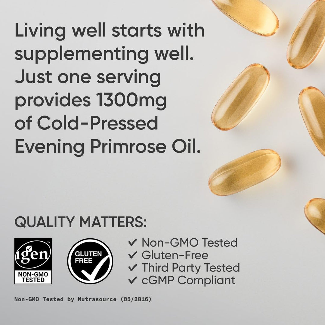 Evening Primrose Supplement from Cold Pressed Oil - Softgels for Women’s Health &amp; Skin Health - Gluten Free &amp; Non-GMO GLA - High Potency 1300mg, 120 Count