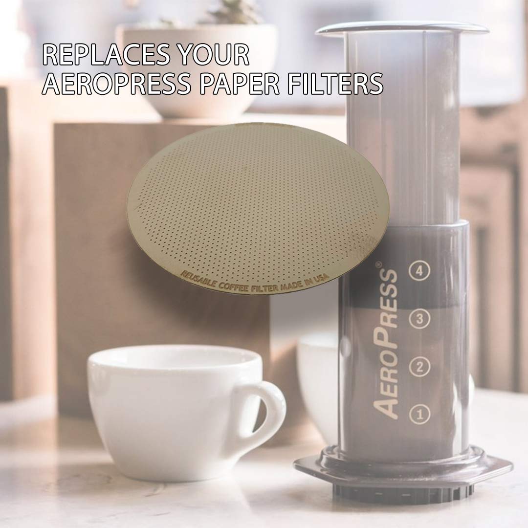 GOLDTONE Stainless Steel Reusable Disk Coffee Filter for Aero Press Coffee and Espresso Makers, includes 1 oz Scoop and Brush