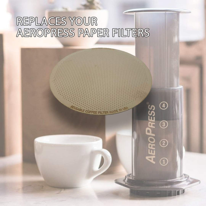 GOLDTONE Stainless Steel Reusable Disk Coffee Filter for Aero Press Coffee and Espresso Makers, includes 1 oz Scoop and Brush