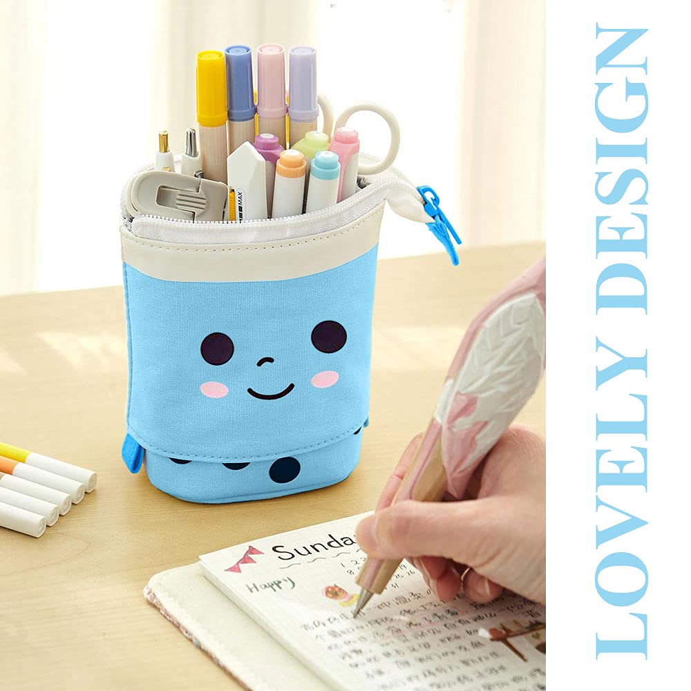 Milktea Cute Standing Pencil Case for Kids, Pop Up Pencil Box Makeup Pouch, Stand UP Christmas Gift kids Pen Holder Organizer Cosmetics Bag, Kawaii Stationary (Blue)