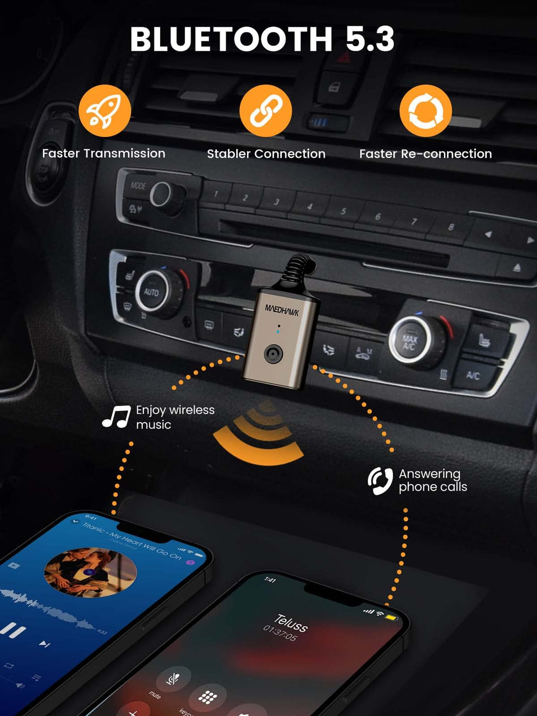 MaedHawk Aux Bluetooth Adapter for Car, Portable Blueto