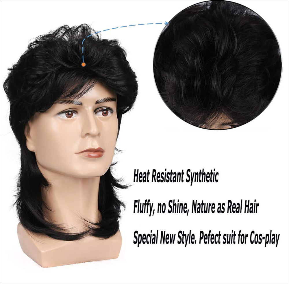 Black Mullet Wigs for Men 70s 80s Costumes Mens Fancy Party Accessory Cosplay Hair Wig