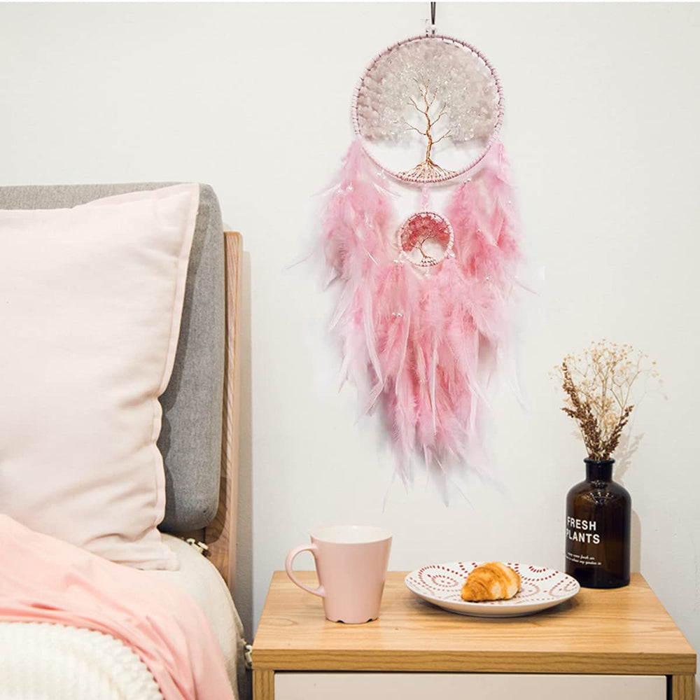Dream Catcher, Handmade Dreamcatcher with Healing Crystal Stone, Tree of Life Dream Catchers Hanging Ornament for Home Bedroom Birthday Party, Perfect Craft Gift for Kids (Double Pink)