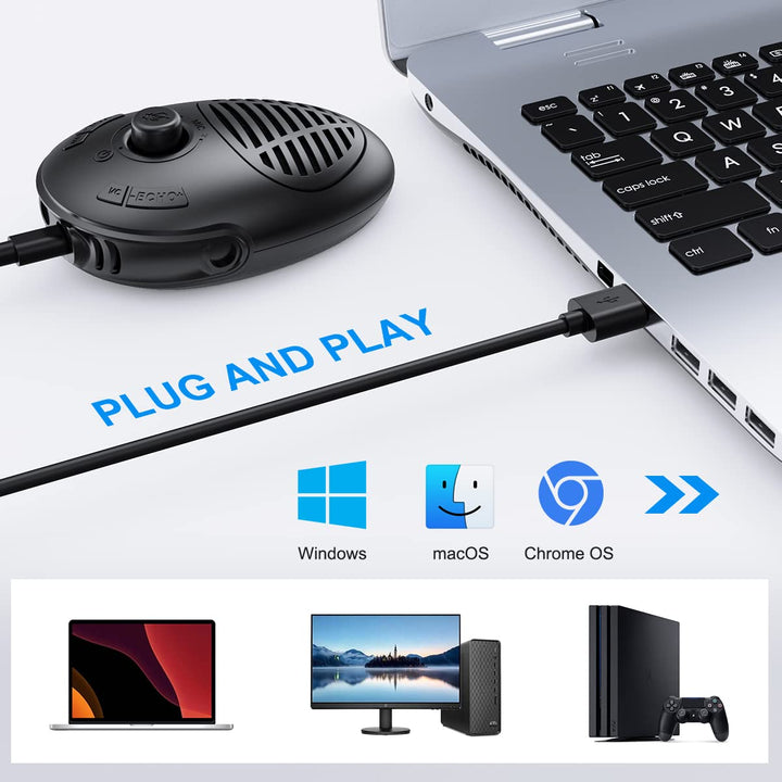 Conference USB Microphone with Speaker for PC Computer &amp; Laptop, 360° Omnidirectional Condenser Mic, Speakerphone for Windows/Mac OS X System Video Calls, Zoom, Online Class, Black