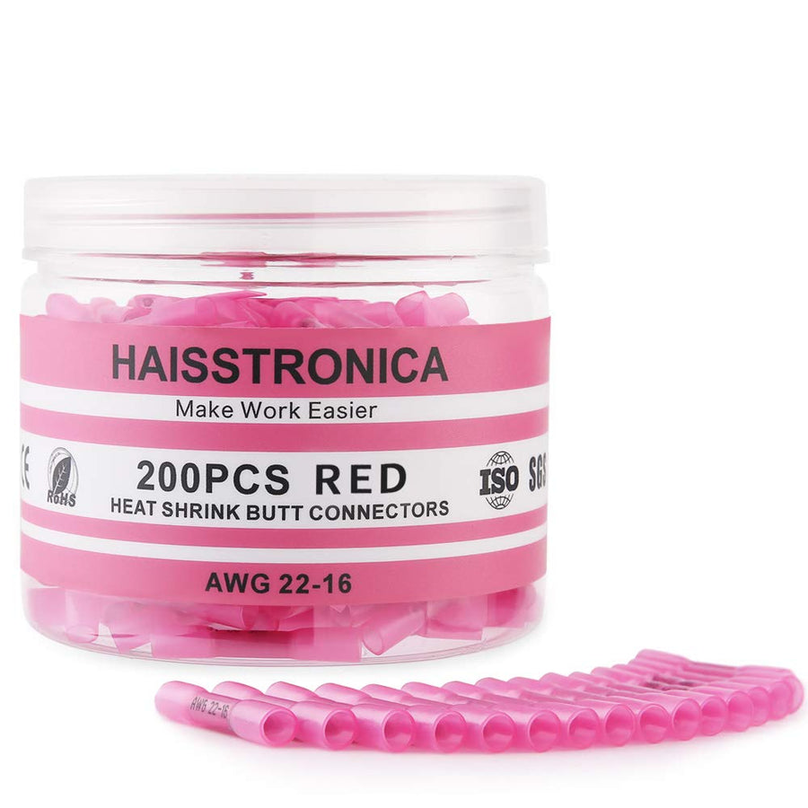 200PCS 22-16 Awg Red Heat Shrink Butt Connectors-Tinned Red Copper 0.7mm-Marine Grade Insulated Crimp Wire Connectors-Waterproof Electrical Connectors-Butt Splice for Marine,Boat,Stereo